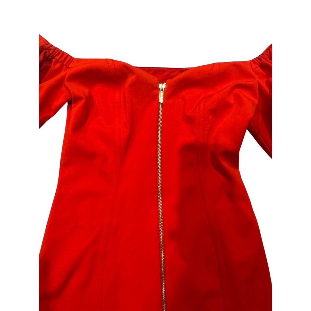 Off-Shoulder Red Dress W/ Puff Sleeves Zip Front Tie Detail Size S Miss Circle P - Picture 4 of 8